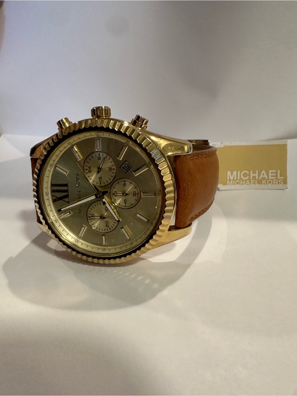 Michael Kors Gold Chronograph Watch with Tan Leather Band
